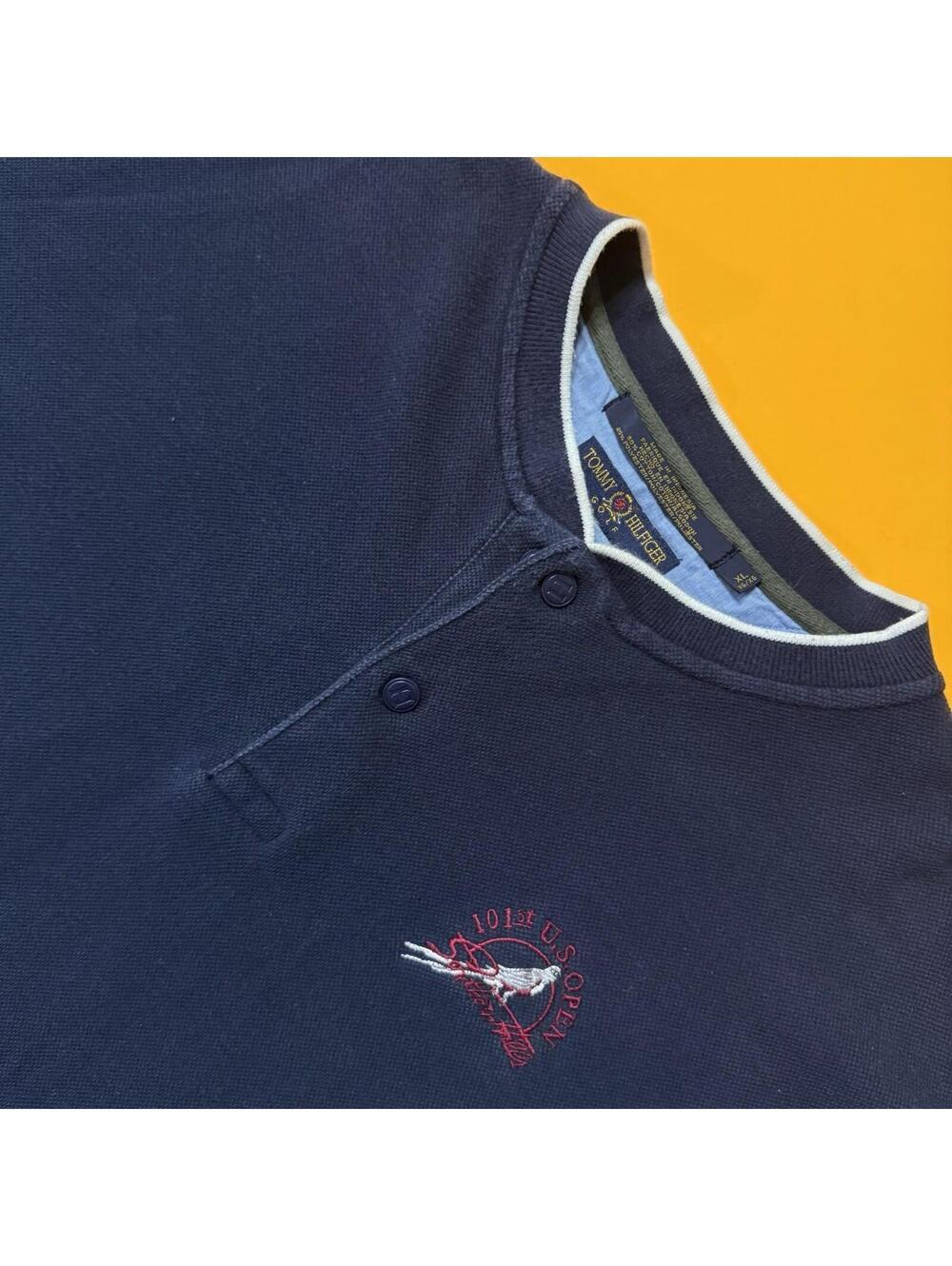 Vintage 90’s Tommy Hilfiger Golf Henley Neck Sweater Blue Navy 101st US Men’s XL